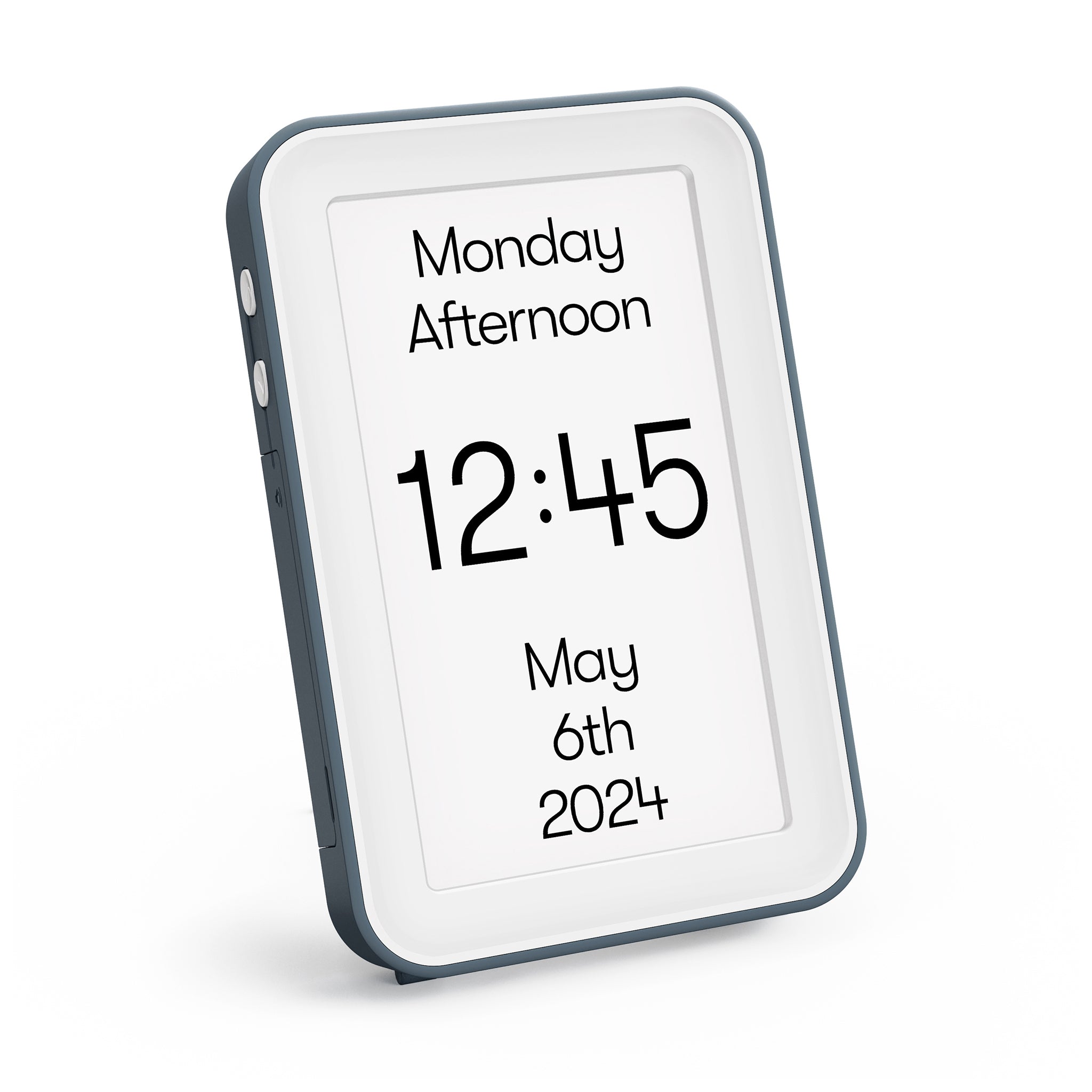 Digital clock displaying time and date on a white background