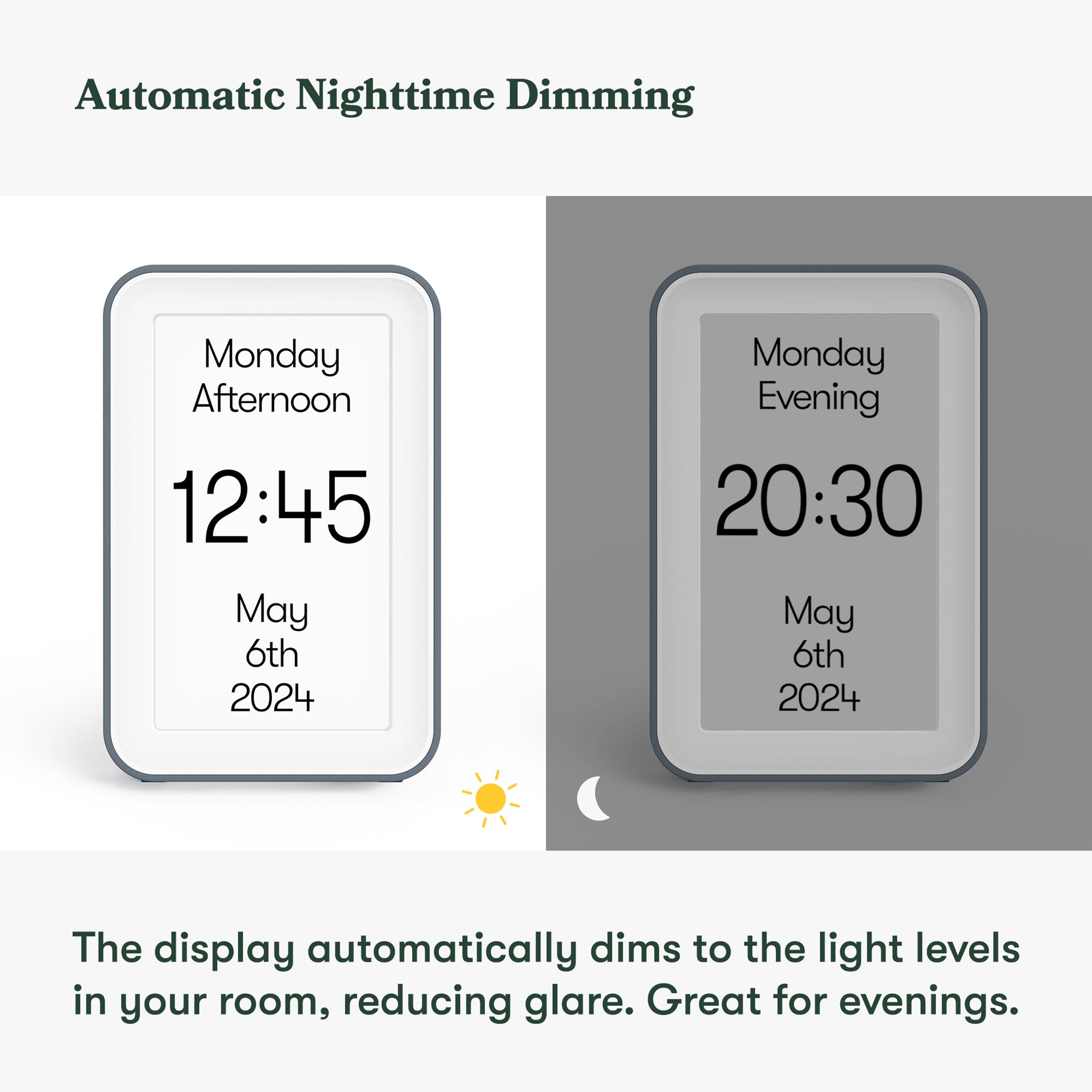 Digital display showing time and date with automatic nighttime dimming feature.