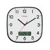 A square wall clock with rounded corners, featuring a white face, black numerals, black frame, black hands, and a digital display at the bottom showing the time.