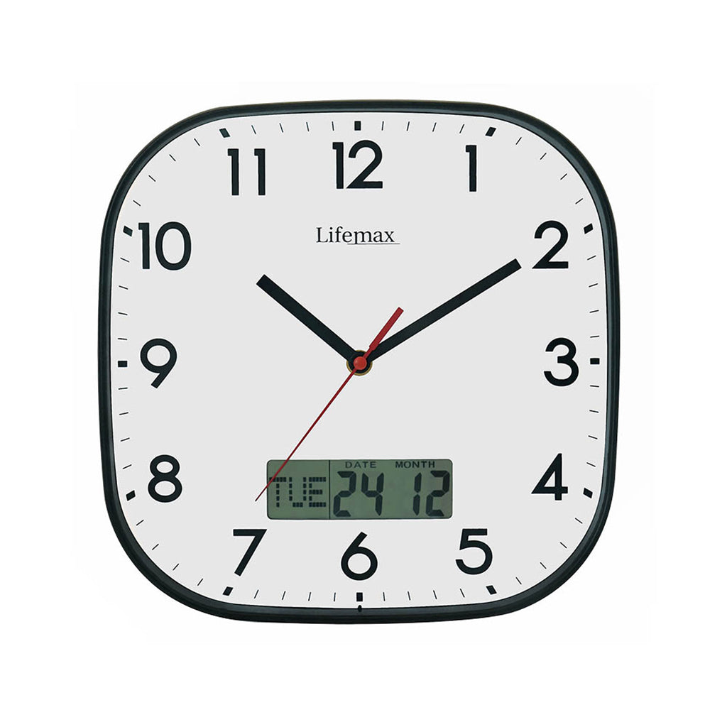 A square wall clock with rounded corners, featuring a white face, black numerals, black frame, black hands, and a digital display at the bottom showing the time.