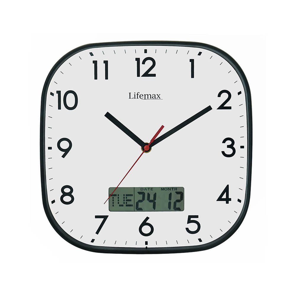A square wall clock with rounded corners, featuring a white face, black numerals, black frame, black hands, and a digital display at the bottom showing the time.