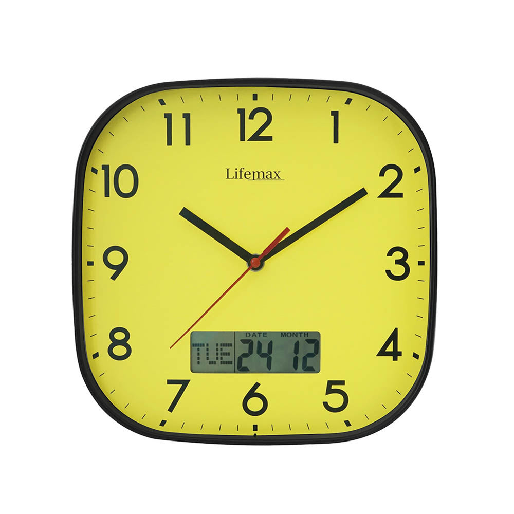 A square wall clock with rounded corners, featuring a bright yellow face, black frame, black numerals, and black hands with a red second hand. The digital display at the bottom shows the time.