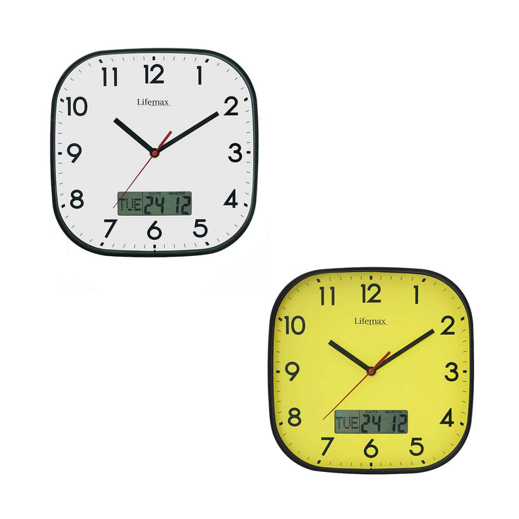 High contrast day date wall clock with digital display