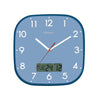 A square wall clock with rounded corners, featuring a light blue face, dark blue frame, white Arabic numerals, white hands, and a digital display near the bottom showing the date and time.