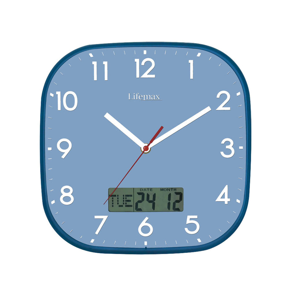 A square wall clock with rounded corners, featuring a light blue face, dark blue frame, white Arabic numerals, white hands, and a digital display near the bottom showing the date and time.