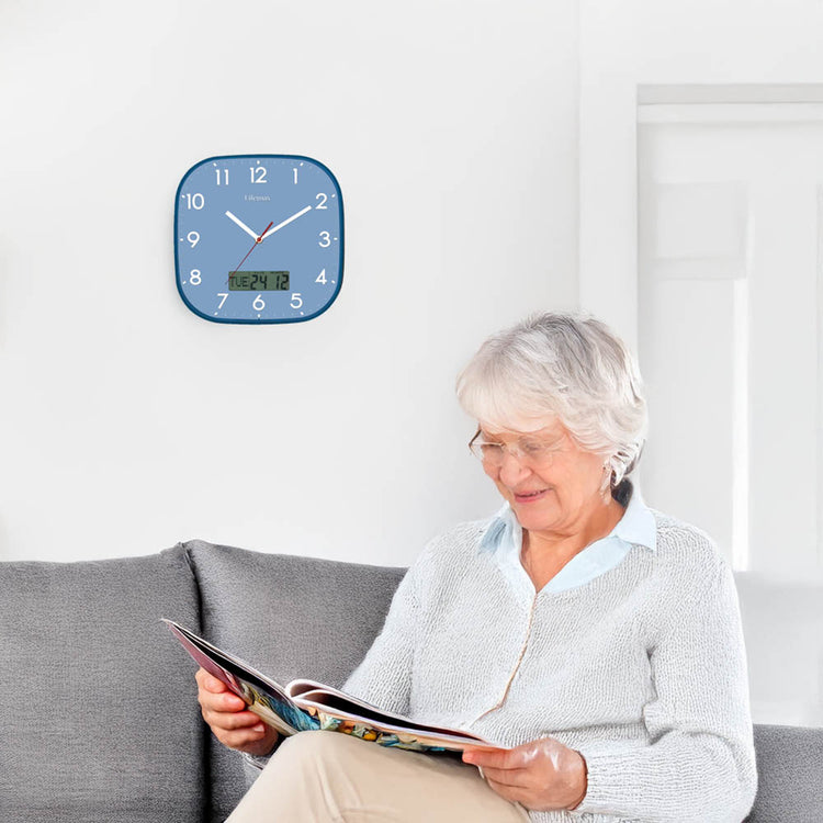 Alternative view of Dementia day date wall clock with digital display
