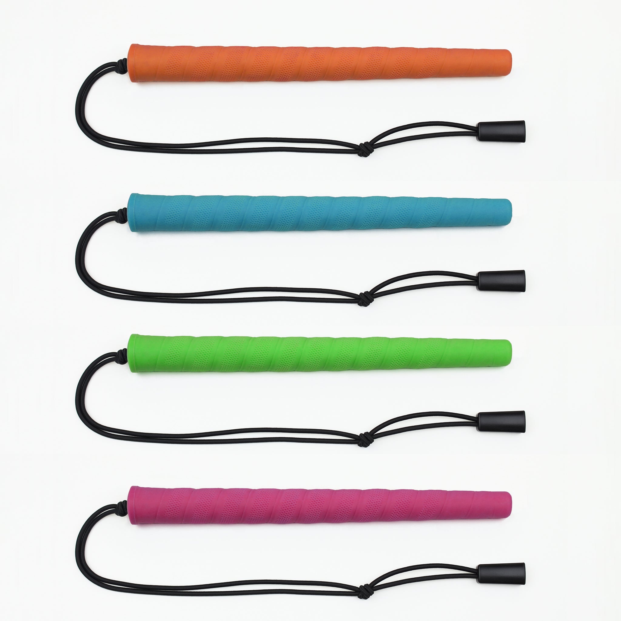Four brightly coloured golf grip cane handles. From top to bottom: orange, blue, green, pink.