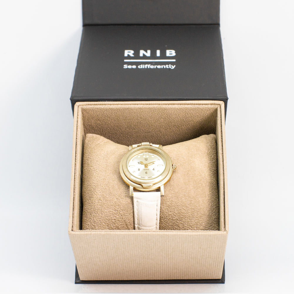 RNIB small tactile watch with white leather strap