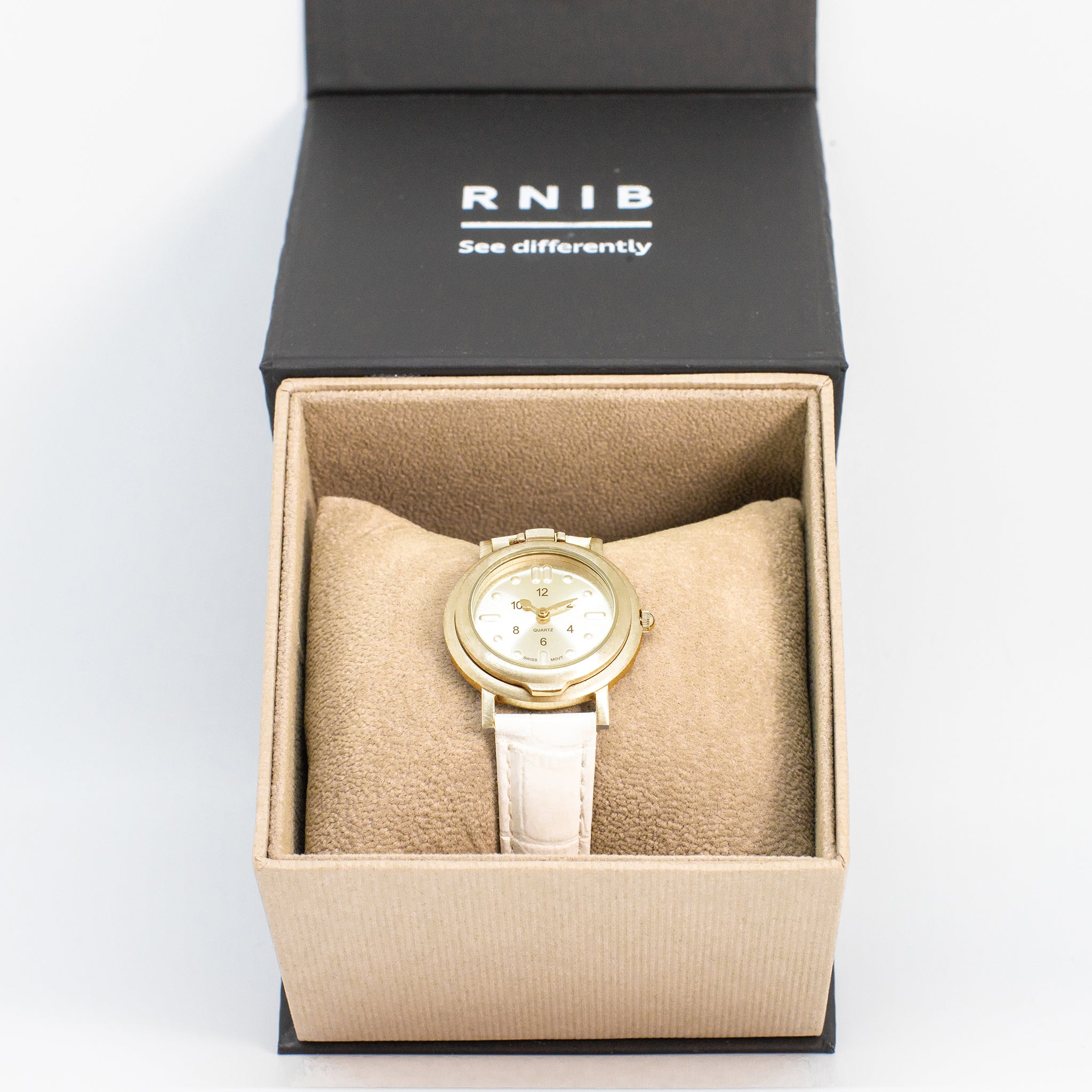 Rnib Collection Boxes RNIB small tactile watch with white leather strap