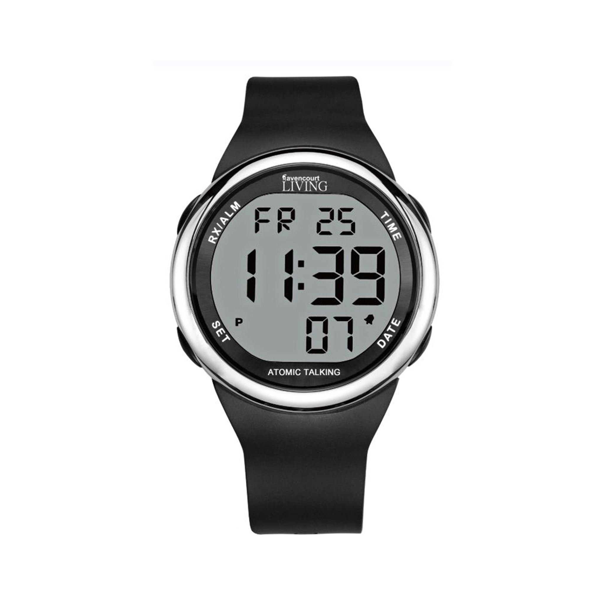 Front view of digital watch with black strap