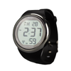 Angled view of digital watch with black strap