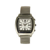 Vintage square talking watch with expanding metal bracelet strap on a white background