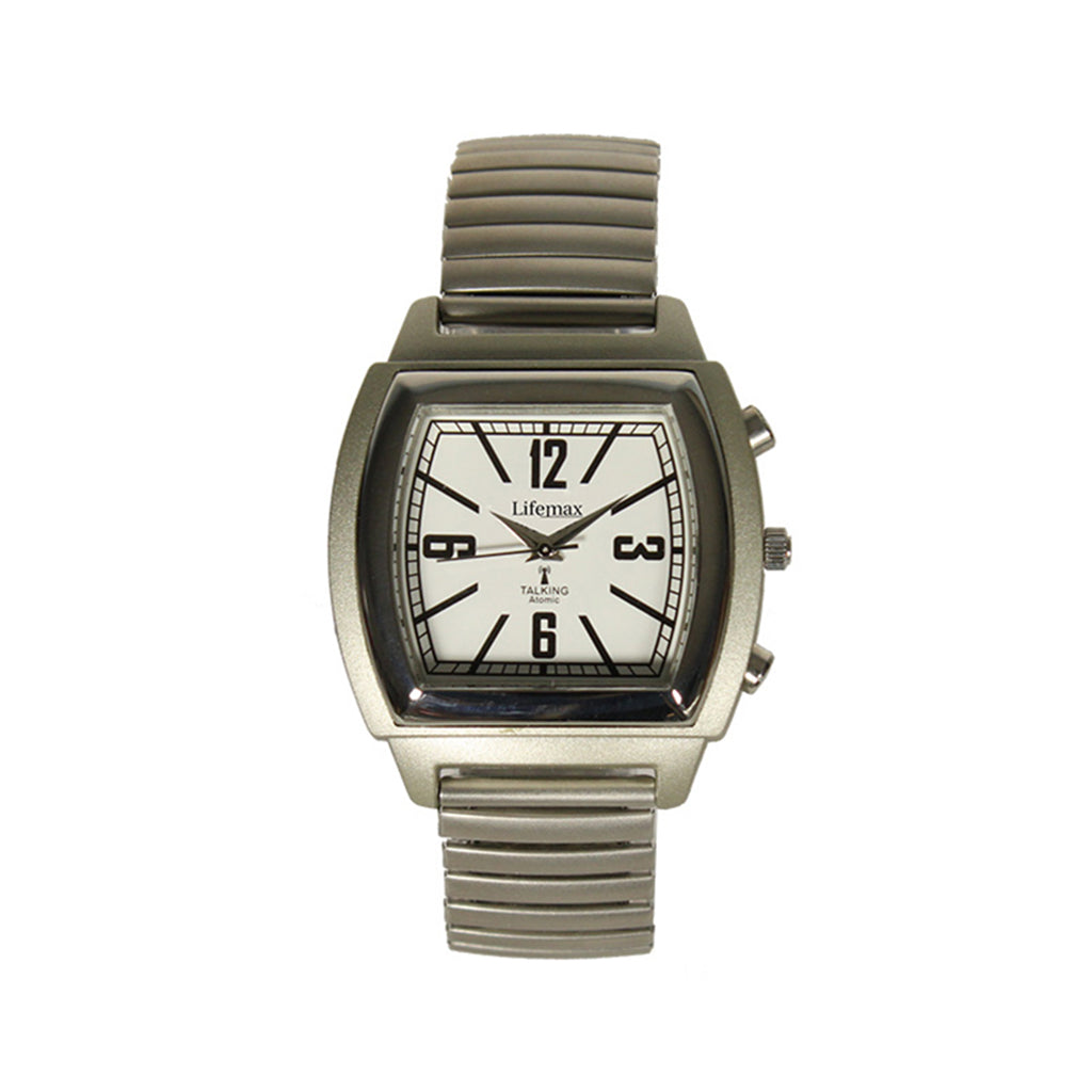 Vintage square talking watch with expanding metal bracelet strap on a white background