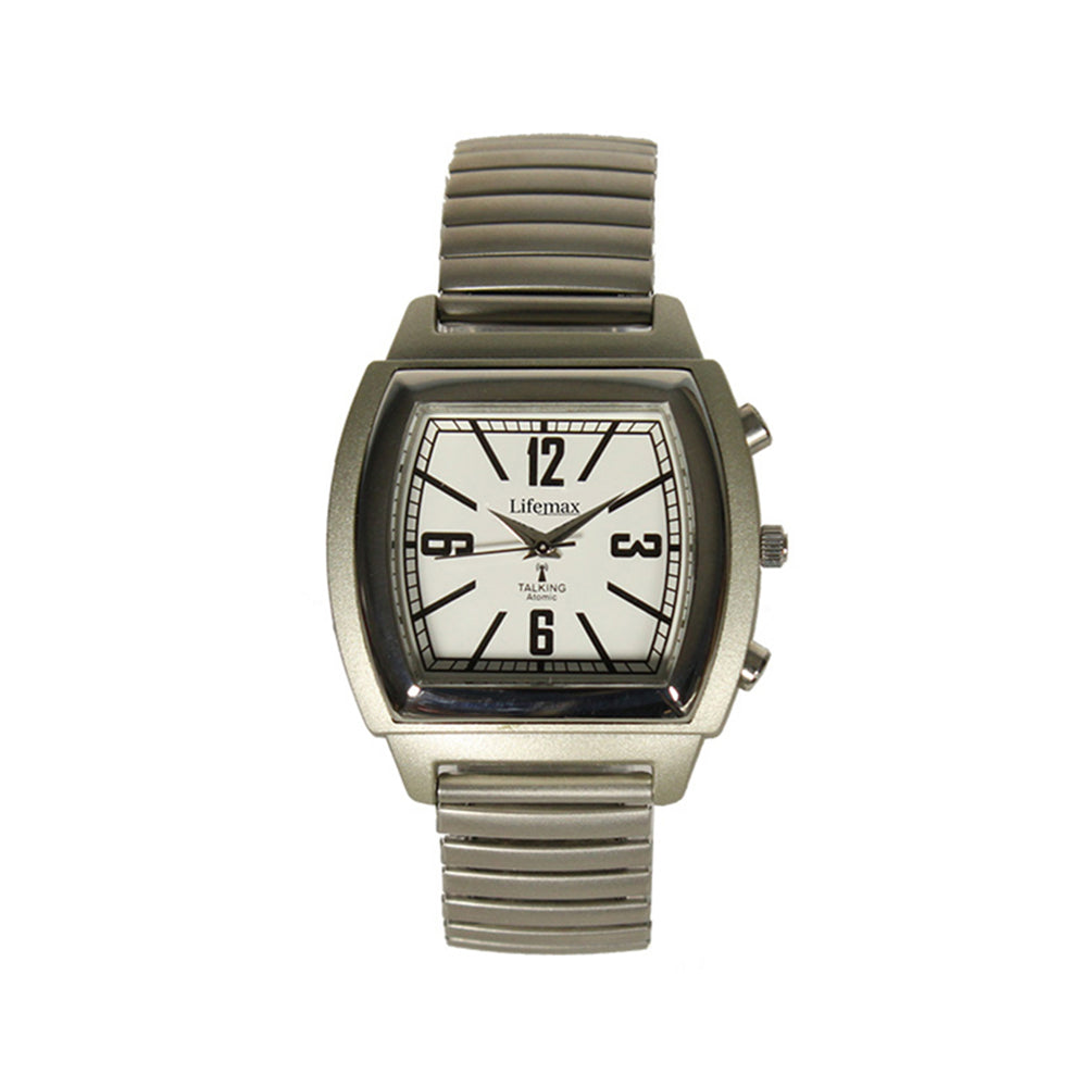 Vintage square talking watch with expanding metal bracelet strap on a white background