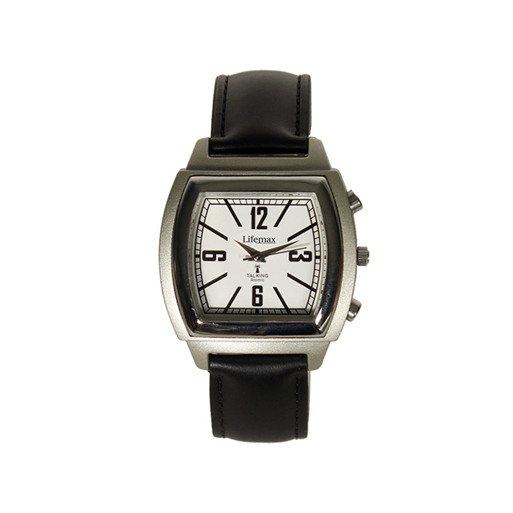 Vintage square talking watch with black leather strap on a white background