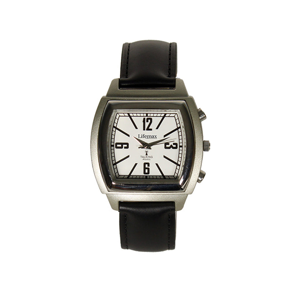 Vintage square talking watch with black leather strap on a white background