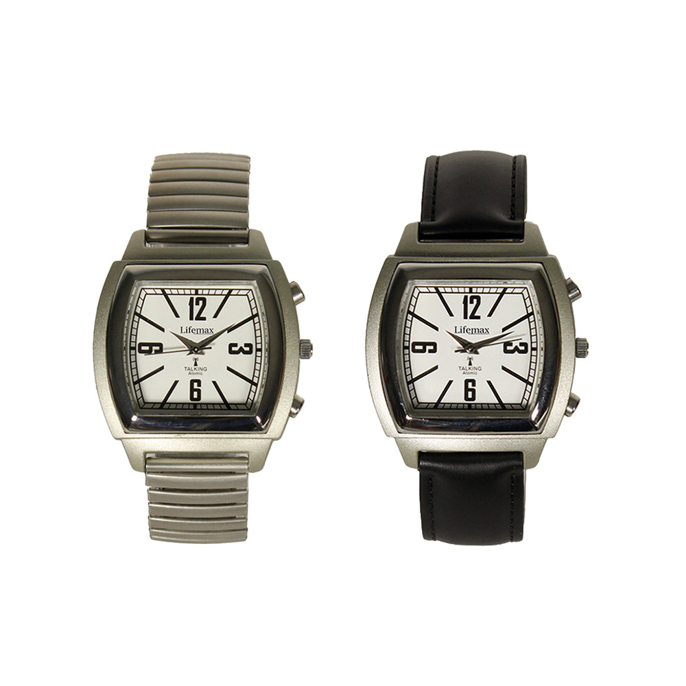 Vintage square talking watches on a white background. The left watch has an expanding metal bracelet strap, the right one has a black leather strap.