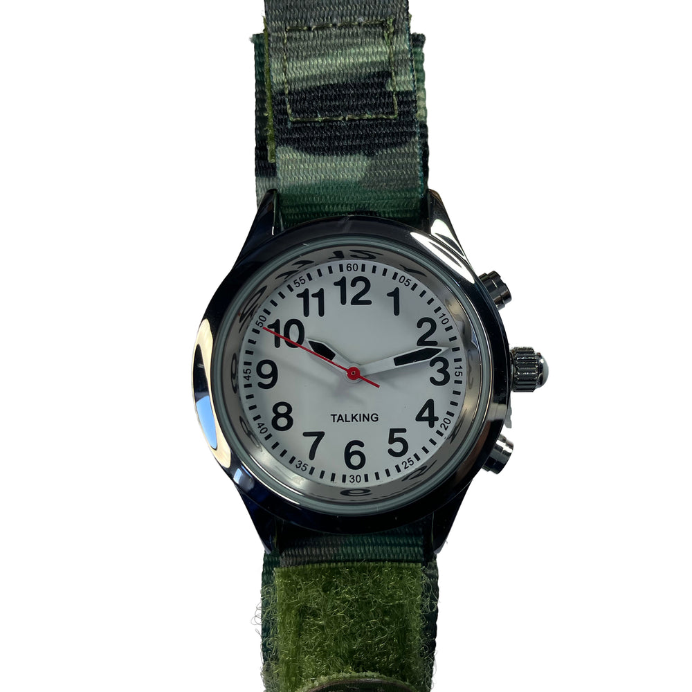 Close-up of talkcing children's watch face and part of the camo canvas strap