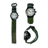 Three views of the talking children's watch with camo canvas strap - flat, facing forward with strap done up and sideview showing the three buttons.