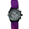 Close-up of talking children's watch face and purple canvas strap