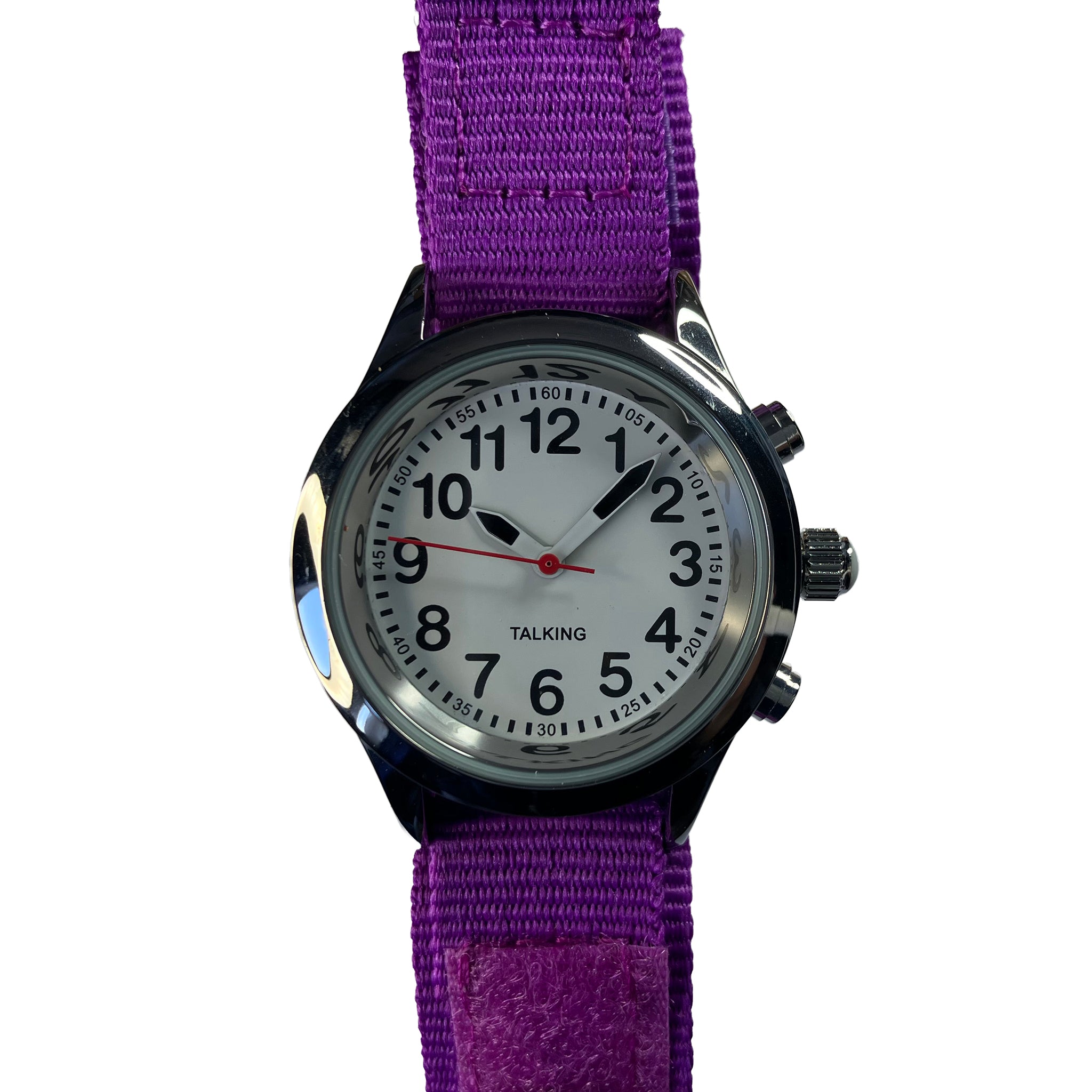 Close-up of talking children's watch face and purple canvas strap