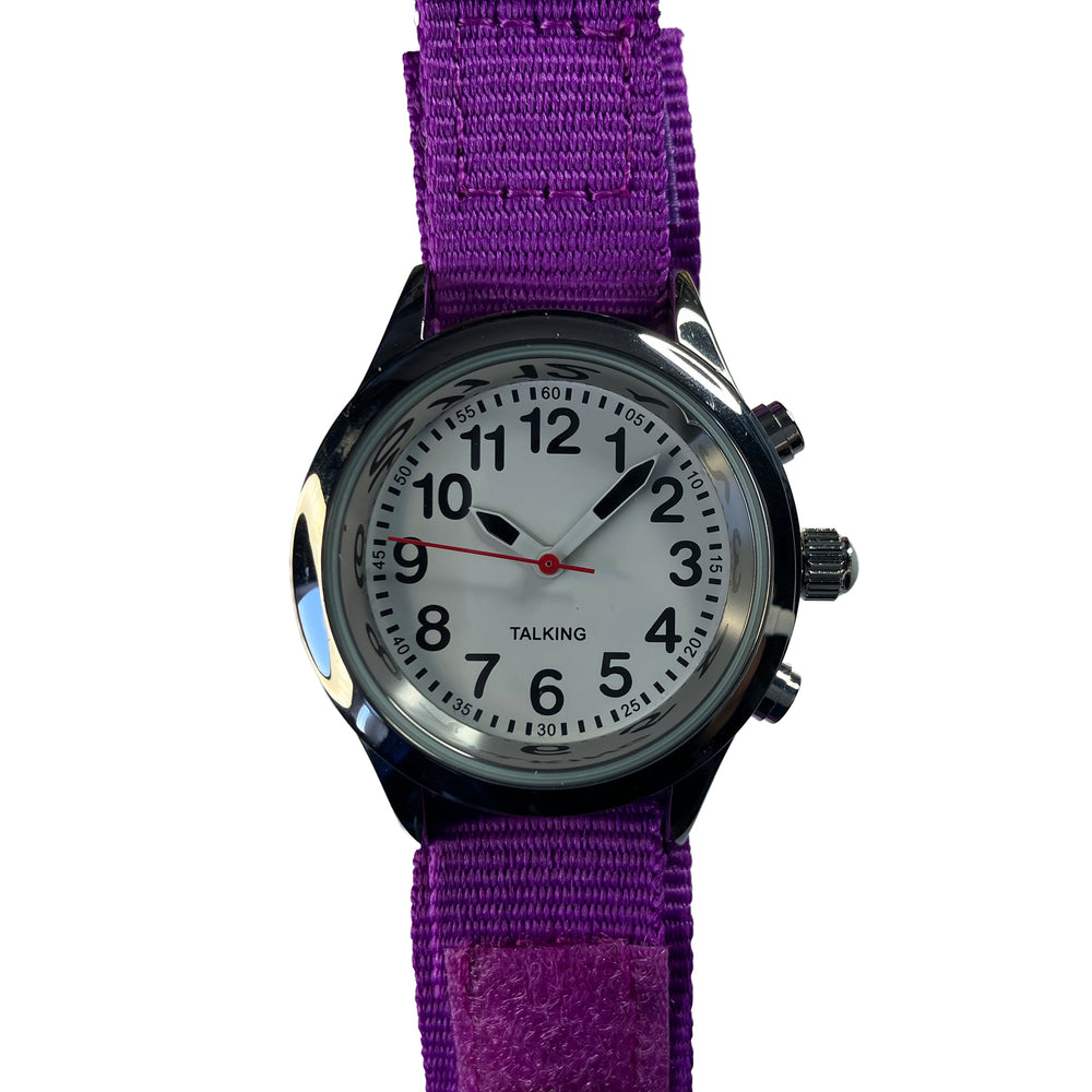 Close-up of talking children's watch face and purple canvas strap