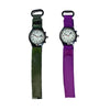 Two talking children's watches with canvas straps and velcro fastening; one camo colour, the other purple