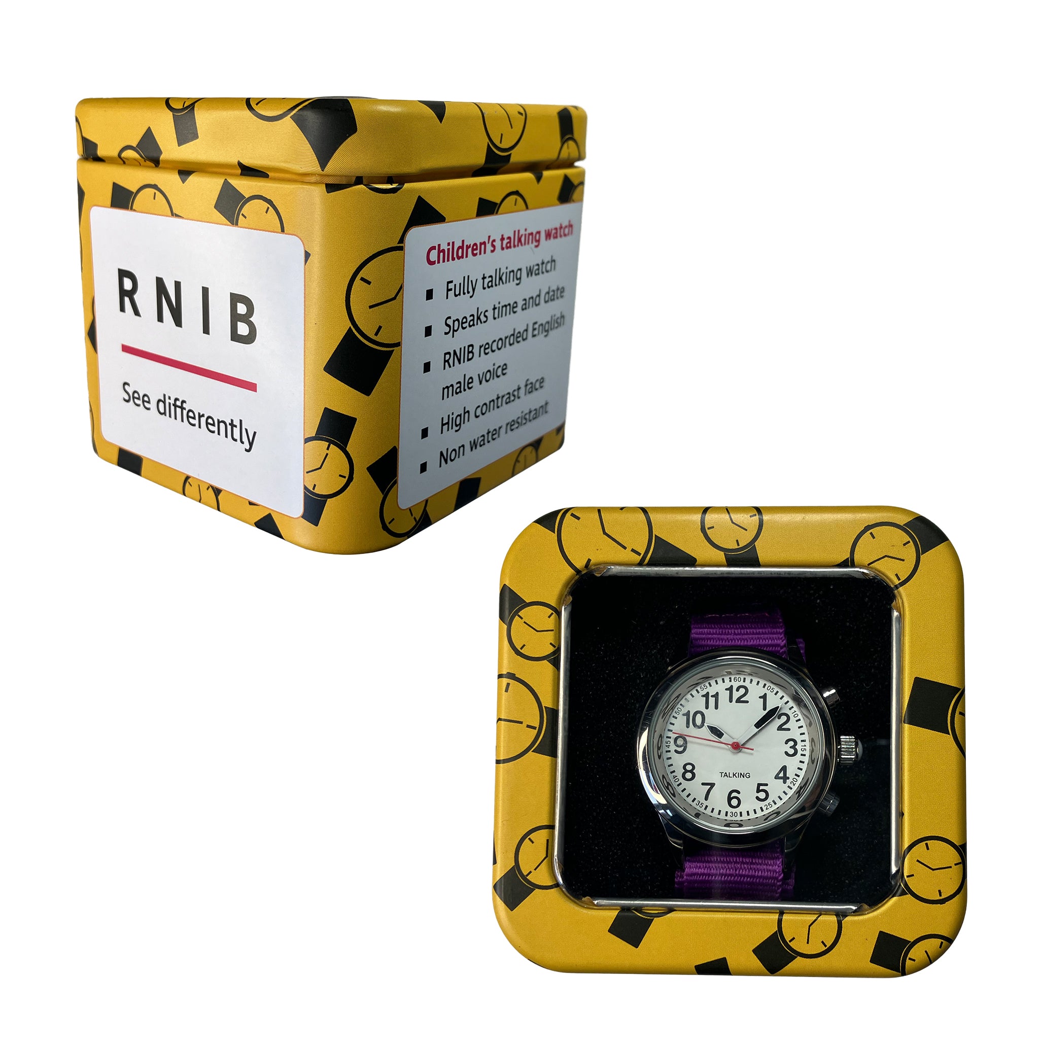 Yellow tin with watch pattern design - side view and top view, showing clear lid and a watch with canvas strap inside the tin