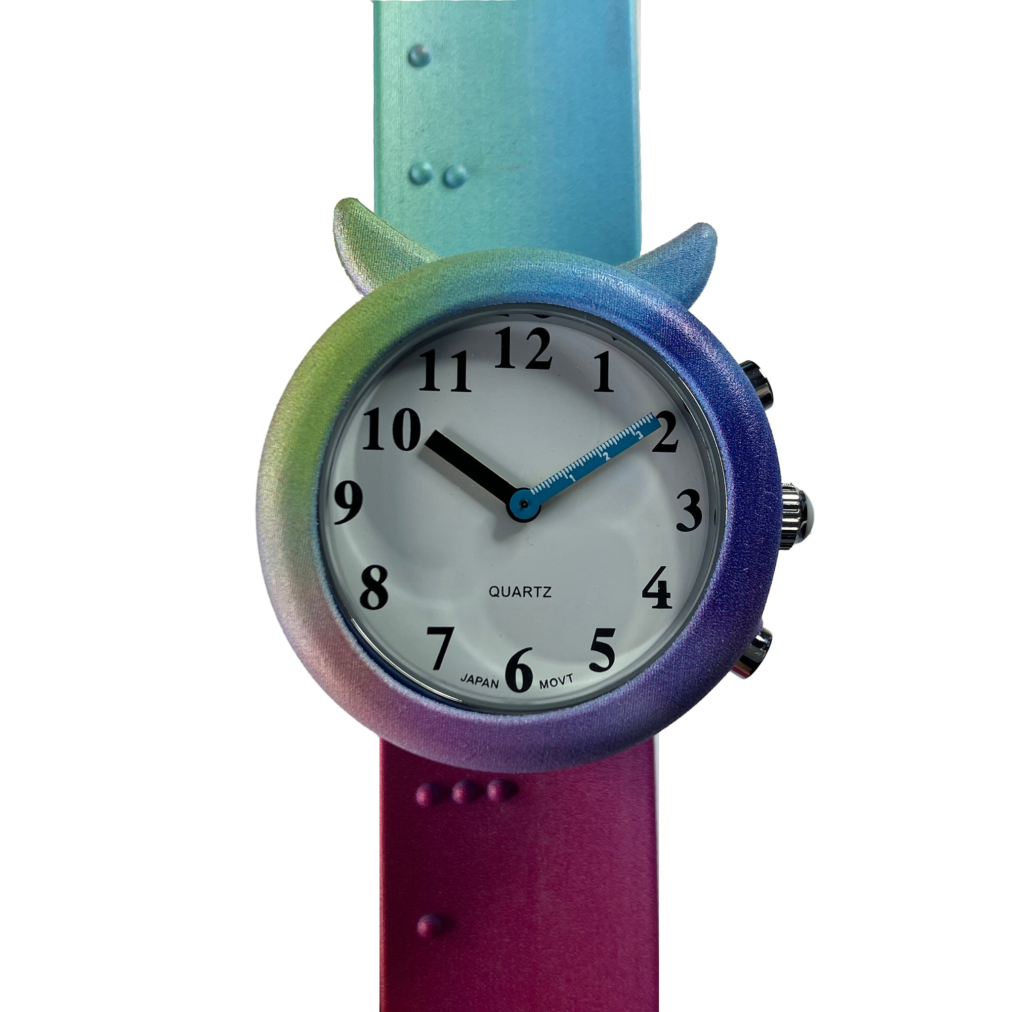 Close-up of talking children's watch face and rainbow ombre slapband strap