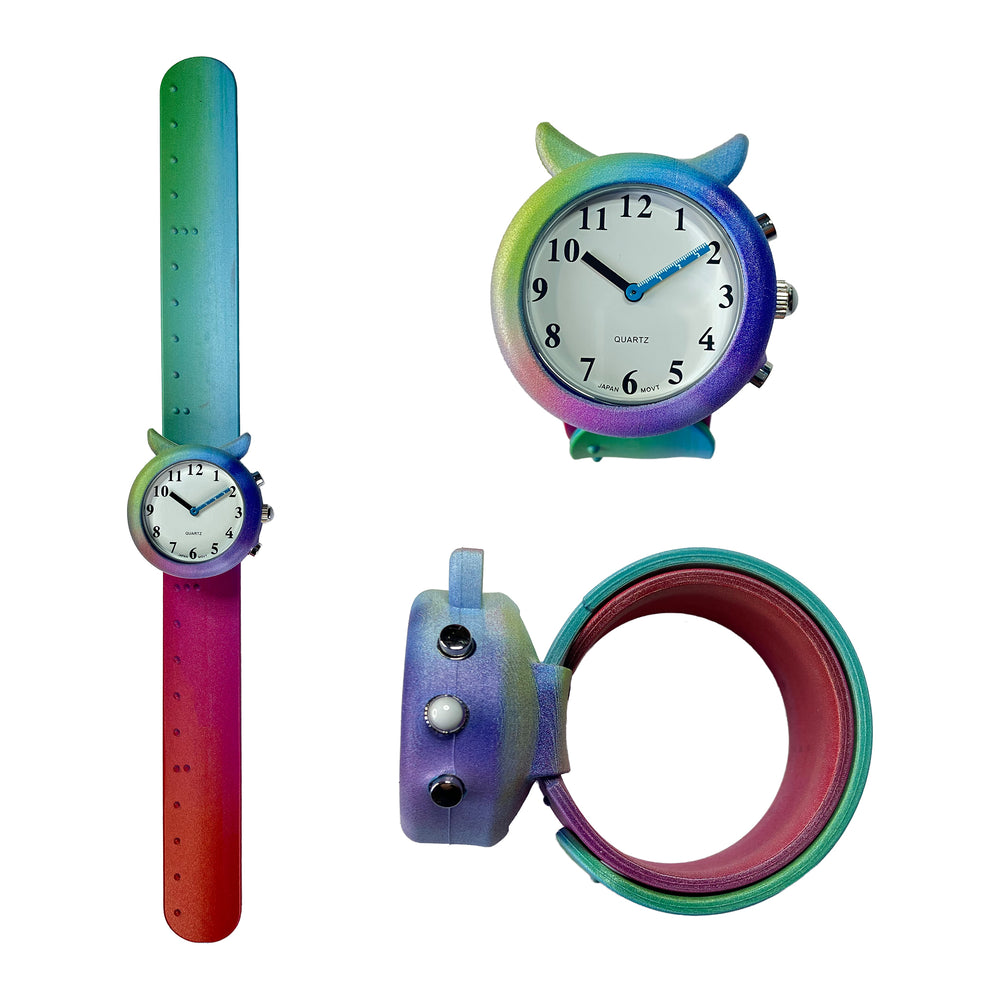 Three views of the talking children's watch with rainbow slapband strap - flat, facing forward with strap curled up and sideview showing the three buttons.