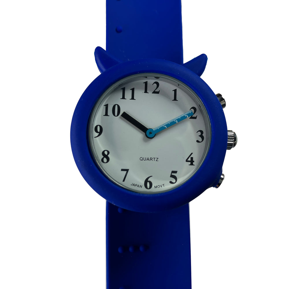 Close-up of talking children's watch face and dark blue slapband strap