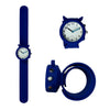 Three views of the talking children's watch with blue slapband strap - flat, facing forward with strap curled up and sideview showing the three buttons.