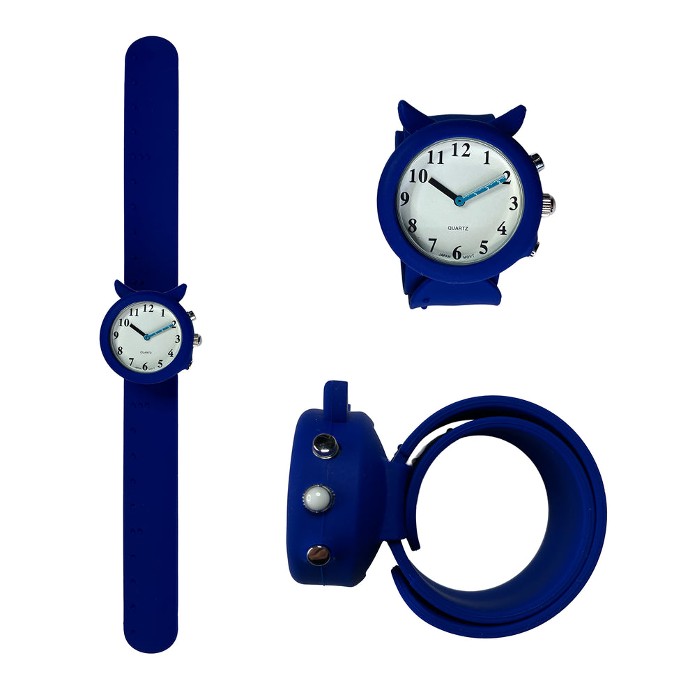 Three views of the talking children's watch with blue slapband strap - flat, facing forward with strap curled up and sideview showing the three buttons.