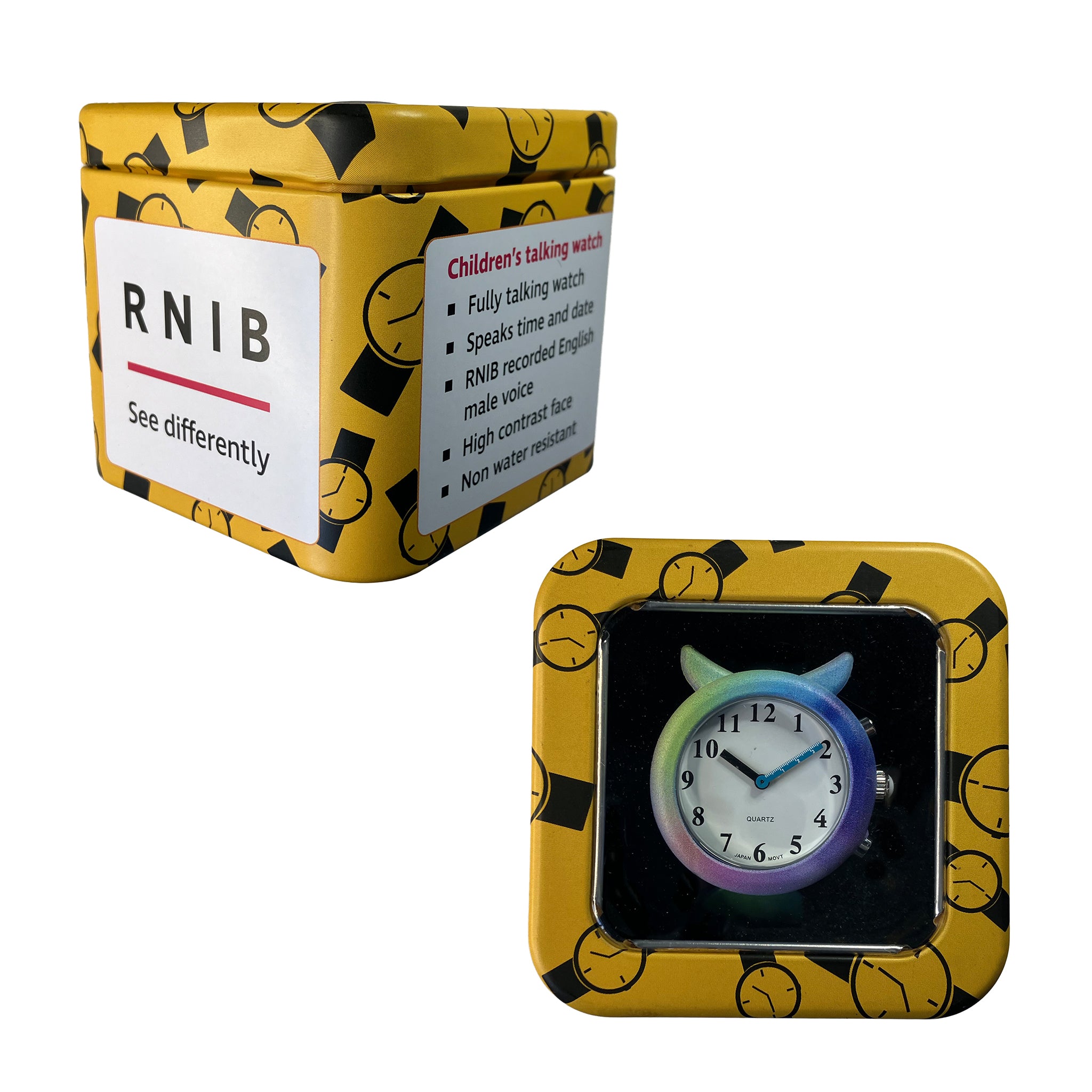 Yellow tin with watch pattern design - side view and top view, showing clear lid and a watch with slapband strap inside the tin