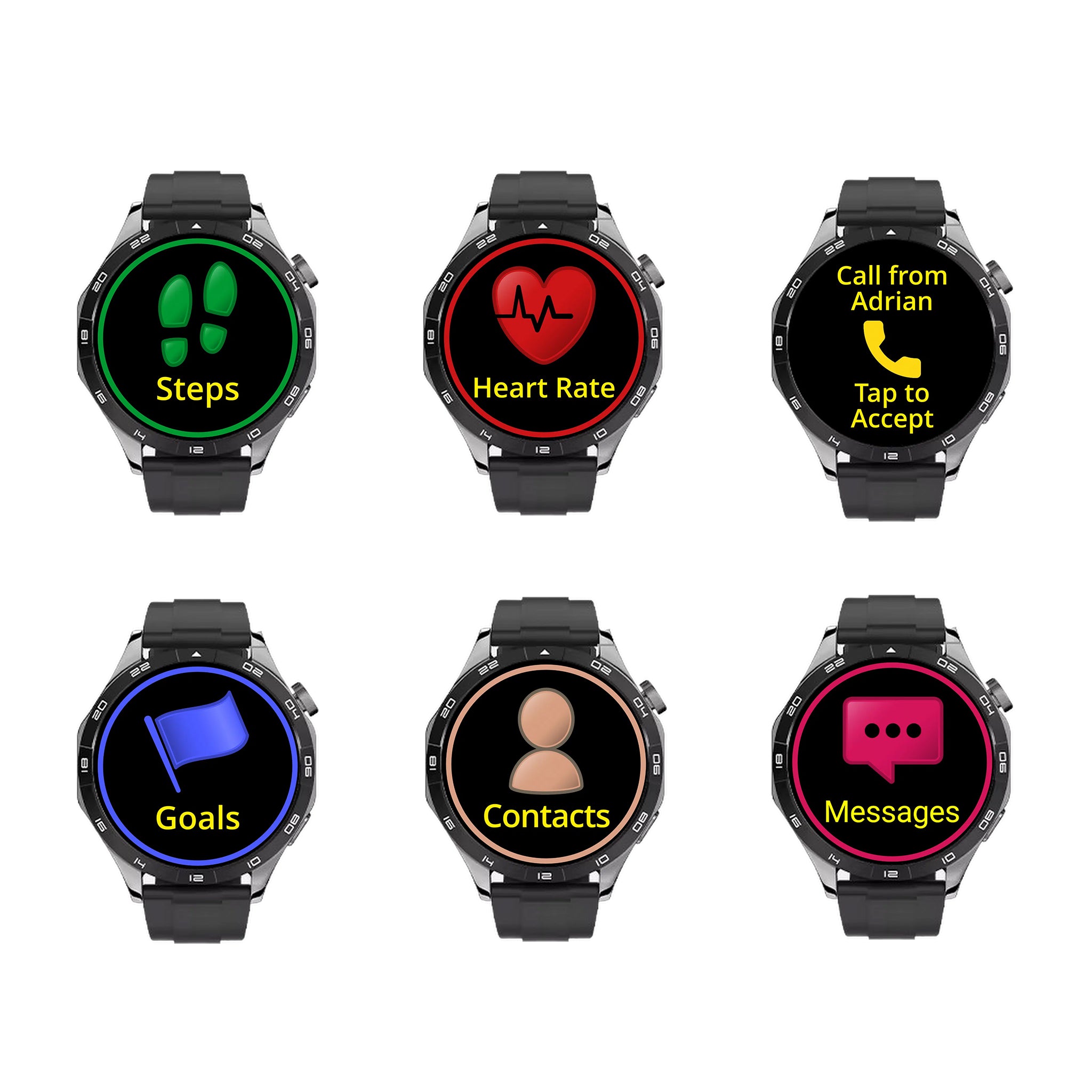 Image showing watch faces with the different functions on their screens.