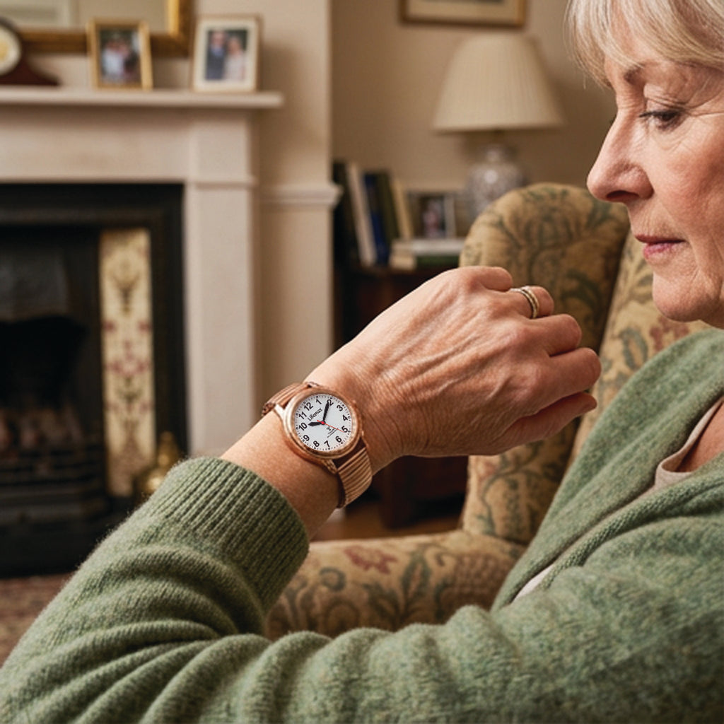An older woman in a green sweater looks down at a rose gold watch with a white dial and metal bracelet worn on her wrist, set in a cozy living room with a fireplace in the background.