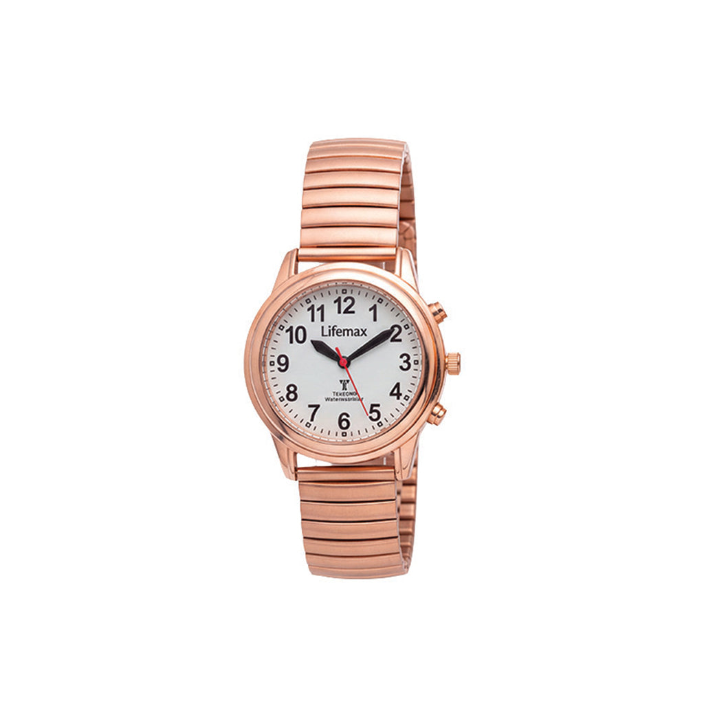 A Lifemax wristwatch with a rose gold metal link bracelet and a white dial, shown against a plain white background.