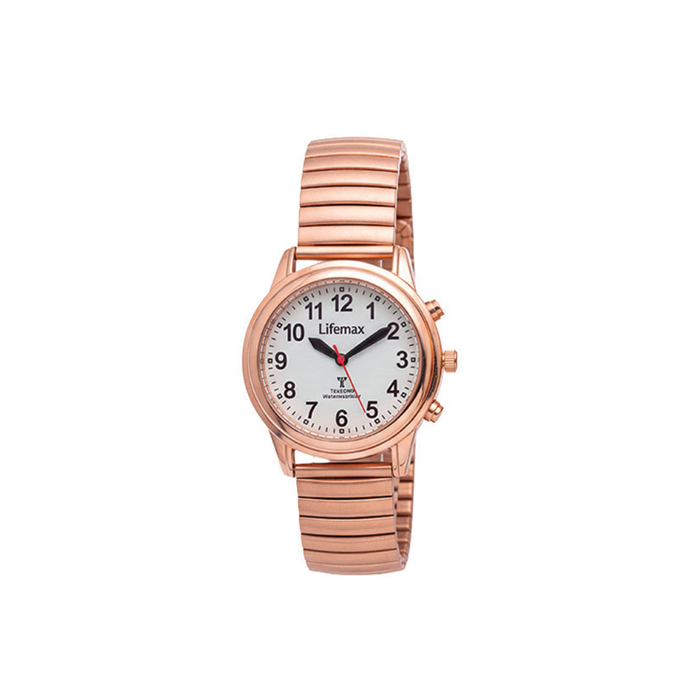A Lifemax wristwatch with a rose gold metal link bracelet and a white dial, shown against a plain white background.