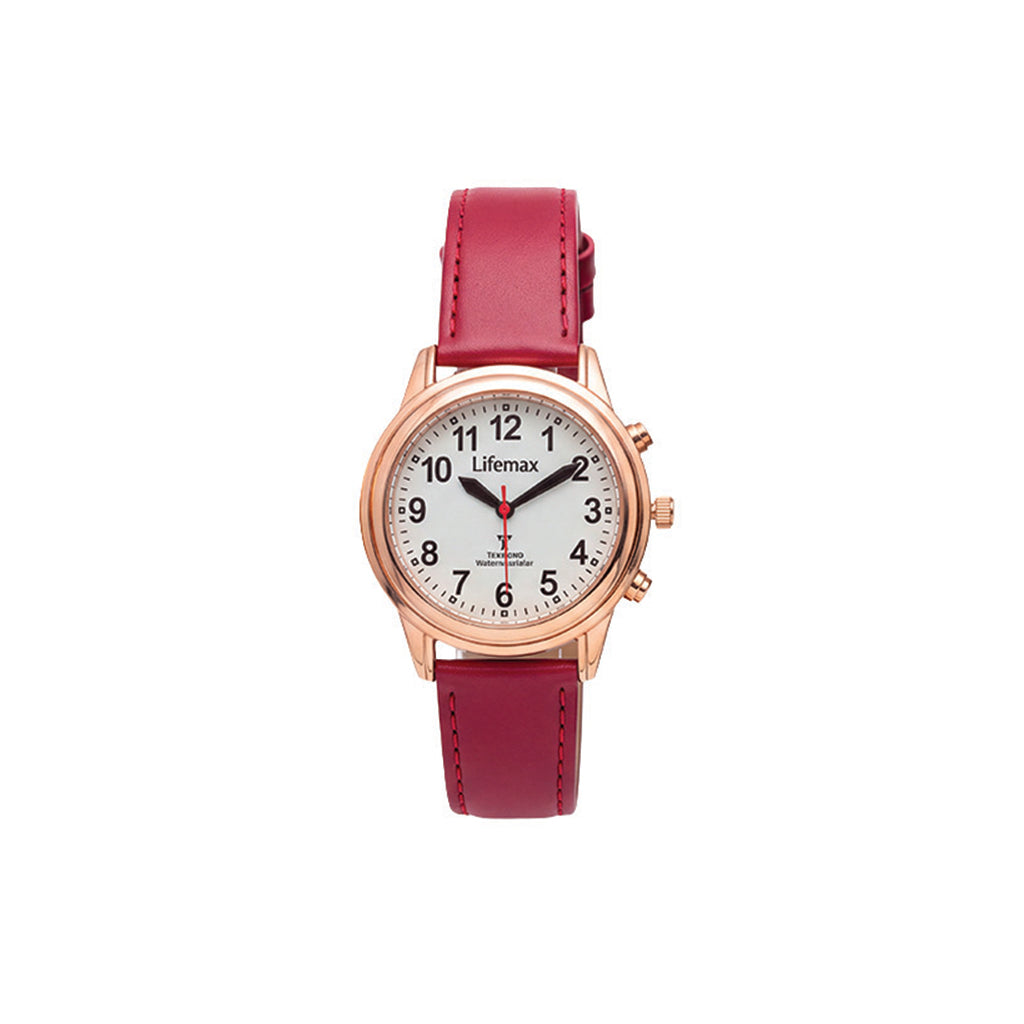 A Lifemax analog watch with a rose gold case and a burgundy red leather strap, shown against a plain white background.