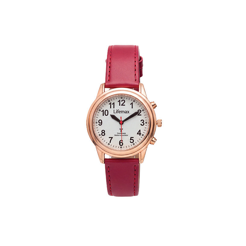 A Lifemax analog watch with a rose gold case and a burgundy red leather strap, shown against a plain white background.