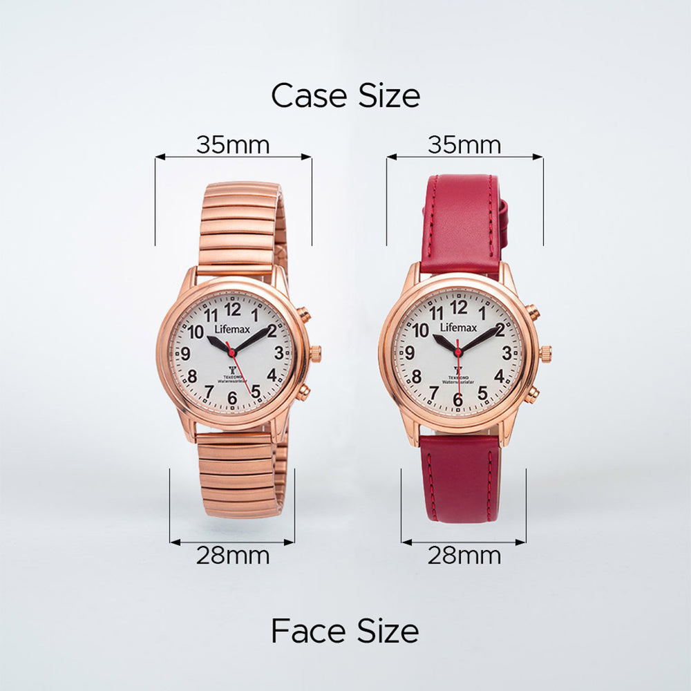 Two wristwatches shown on a light gray background with measurement labels. The left watch has a rose-gold metal bracelet and case with a white dial and is labeled 35mm case size and 28mm face size.