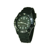 Black wristwatch with a white face on a white background