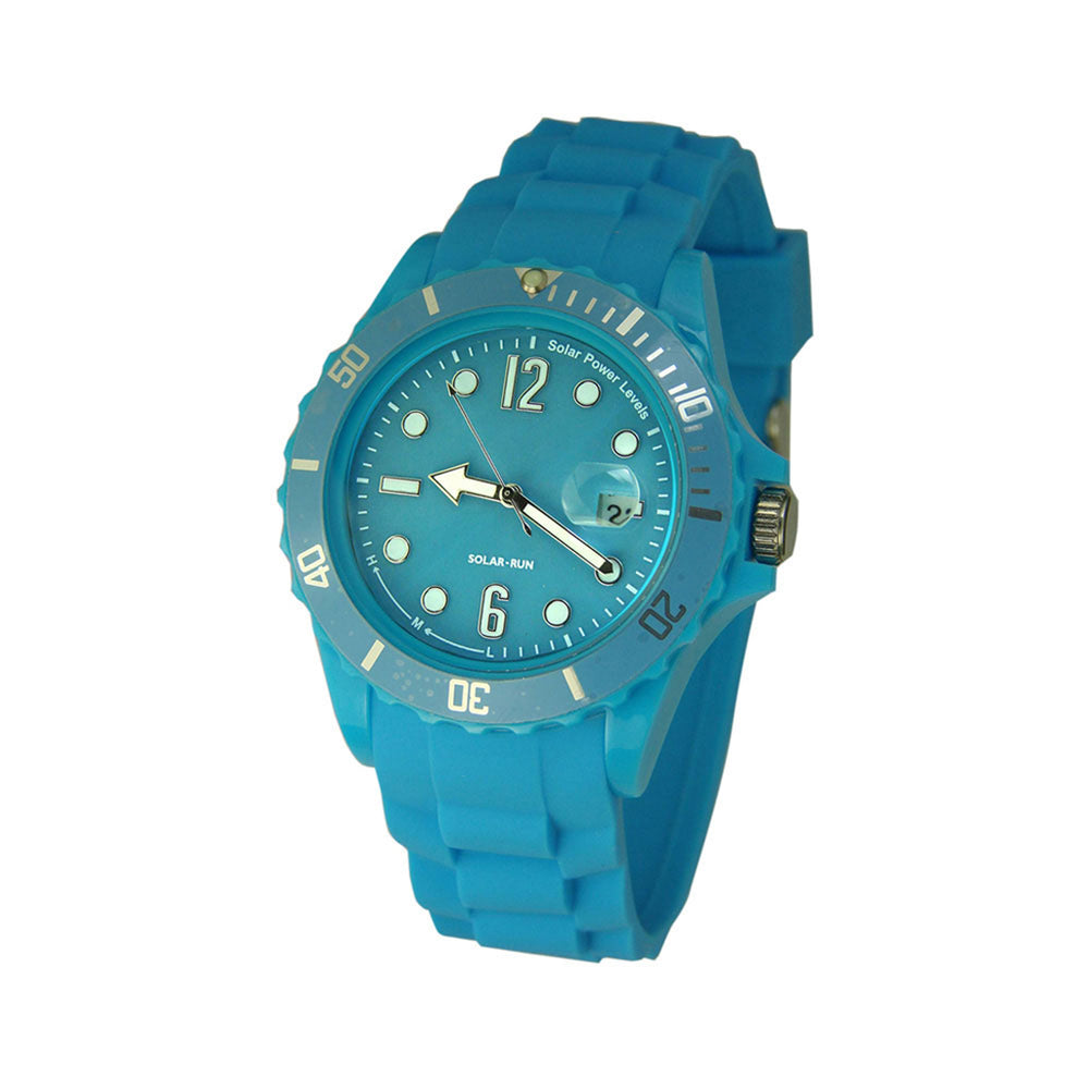 Blue watch with a white face on a white background