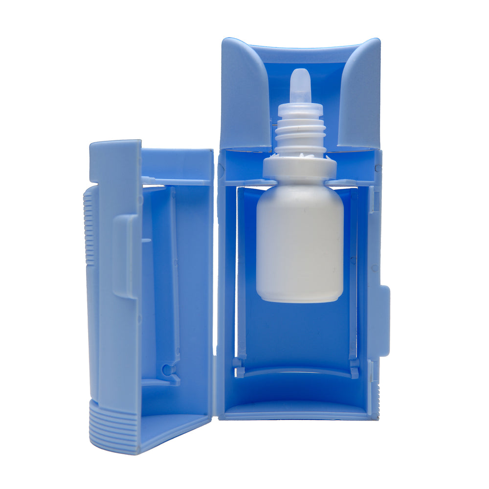 Blue dispenser open to show a bottle inside