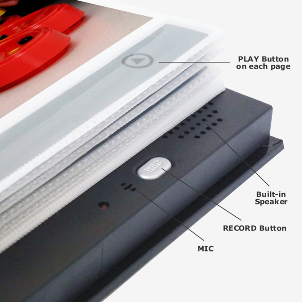 Close-up of edge of photo album showing buttons, mic and speakers