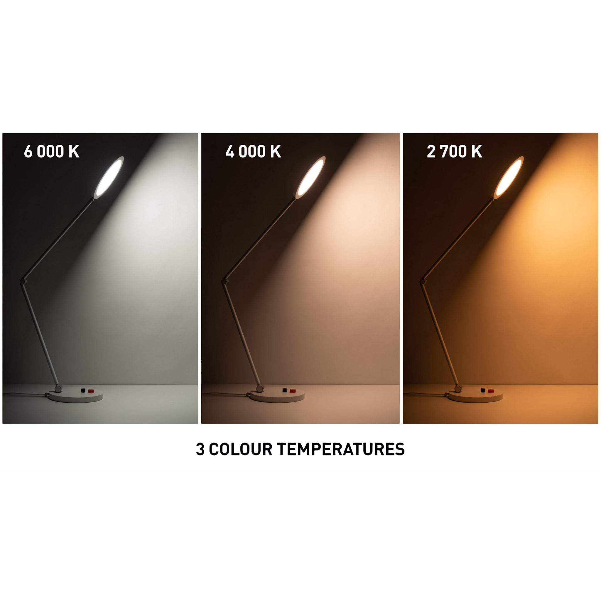 Diagram demonstrating the three light colour temperatures of the Tricolour desk lamp. From left to right, daylight white (6000K), cool white (4000K) and warm white (2700K).