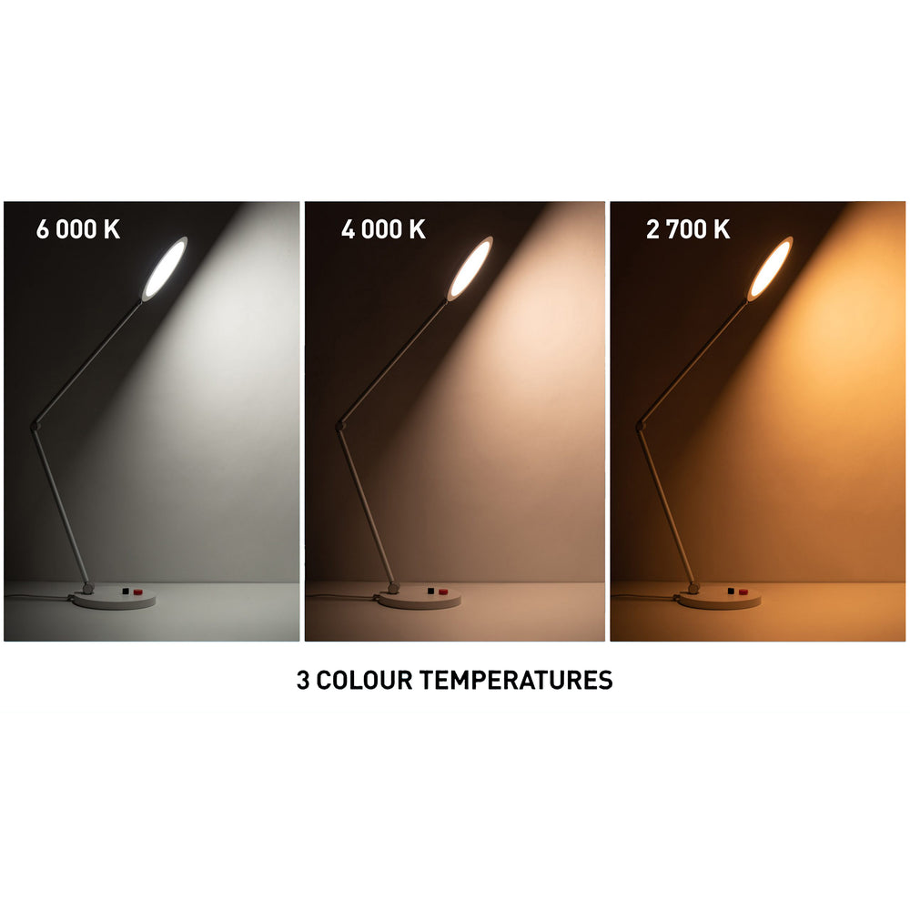 Diagram demonstrating the three light colour temperatures of the Tricolour desk lamp. From left to right, daylight white (6000K), cool white (4000K) and warm white (2700K).