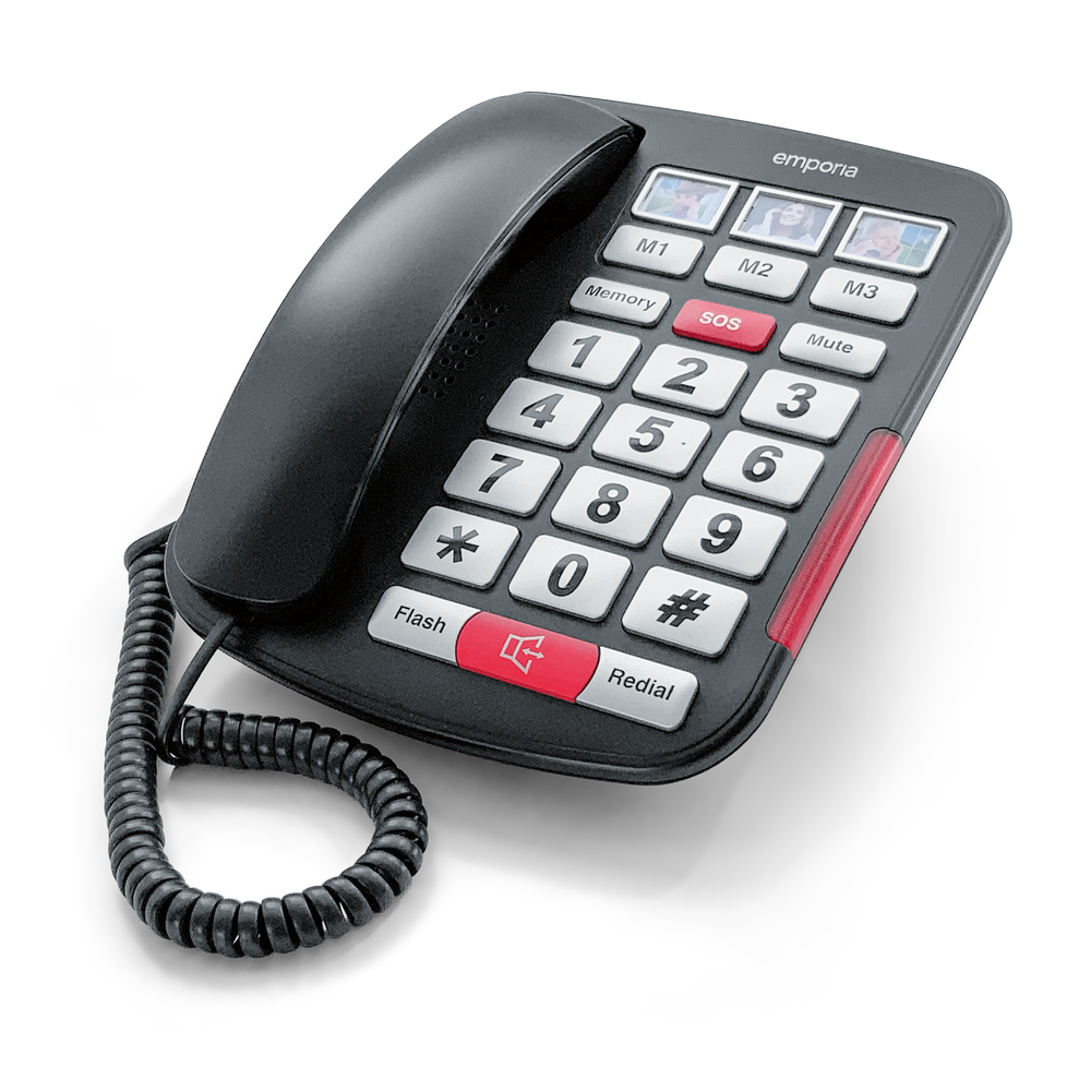 Angled view of black big button landline telephone
