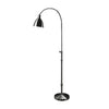 Black floor lamp with curved arm on a white background