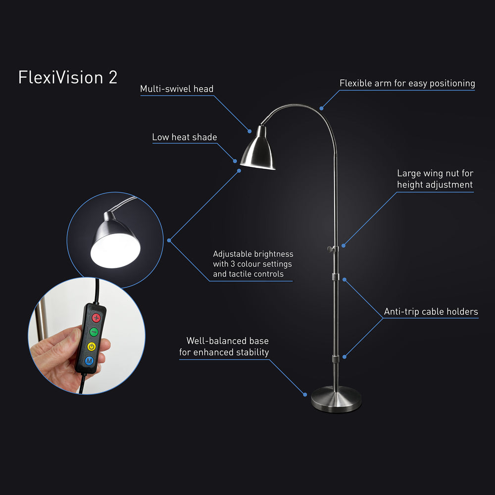 FlexiVision 2 floor lamp with features highlighted on a black background